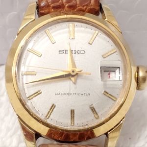 Vintage Seiko Womens Wind Up Watch Seventeen Jewels Date Gold Plated Brown Strap
